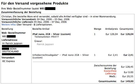 iPod raffle 2006 - invoice